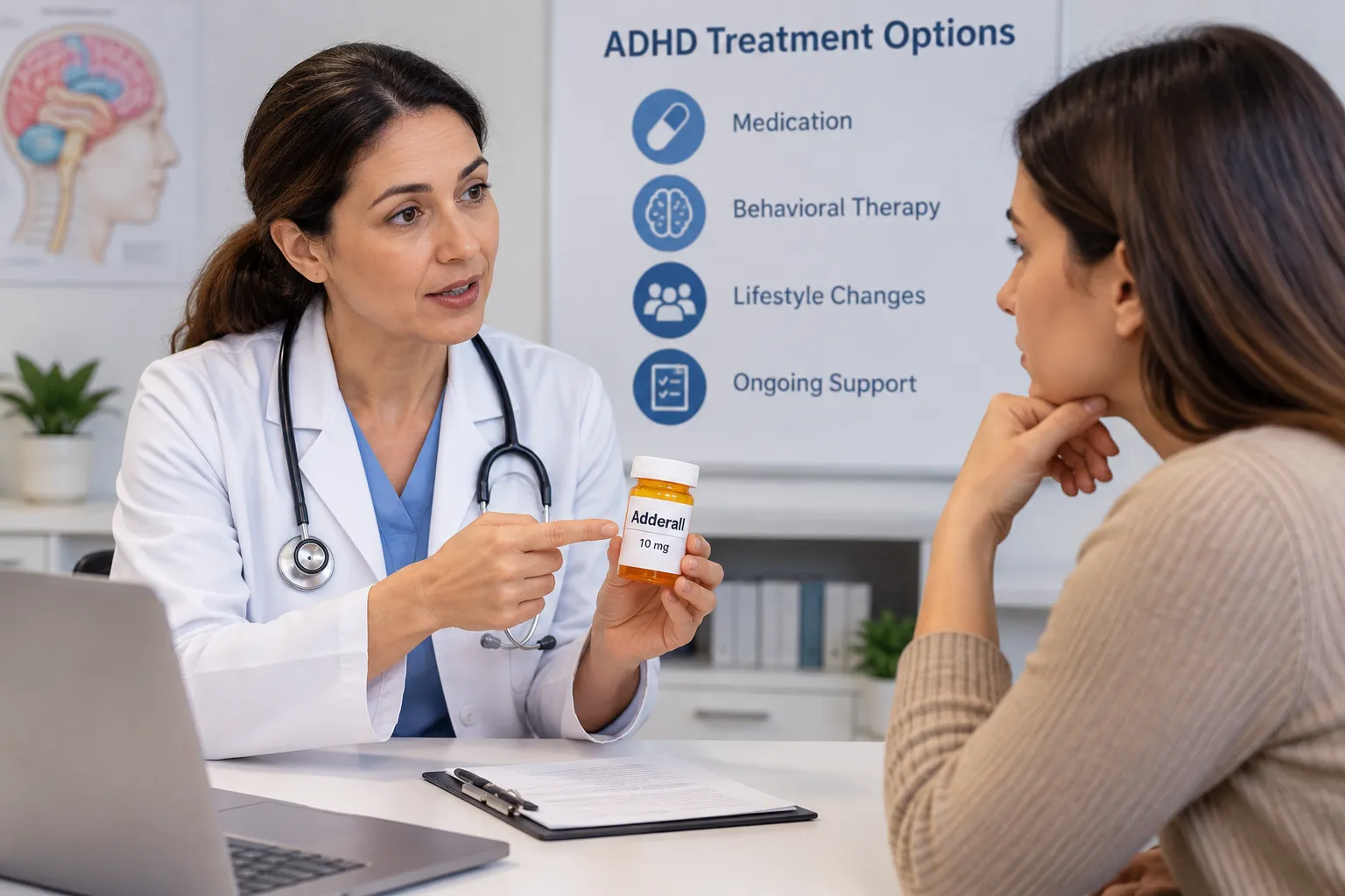 Adderall prescription medication and a healthcare professional discussing ADHD treatment.
