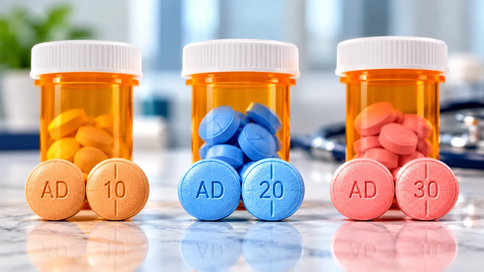 Educational comparison of Adderall 10 mg, 20 mg and 30 mg prescription strengths.